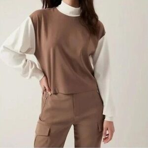 Athleta Brown & Cream Mock Neck Long Sleeve Pullover Active Wear Stretch Large